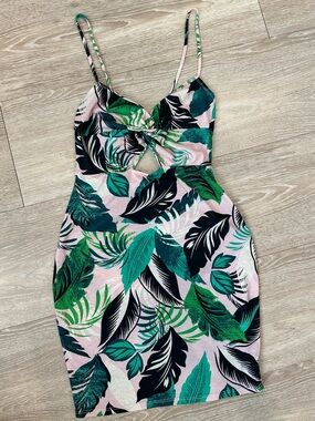 Tropical Leaf Print Pink & Green Bodycon Dress
